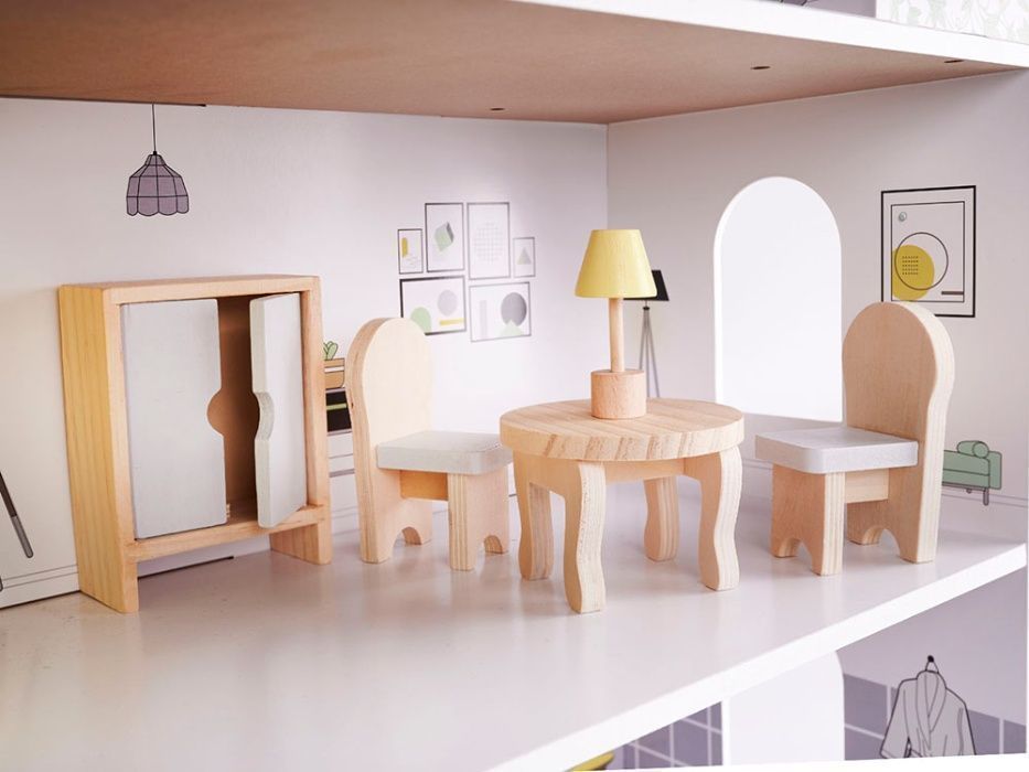 Piękny DOMEK dla LALEK Dzieci EKO DREWNIANY Willa z Meblami 70CM LED