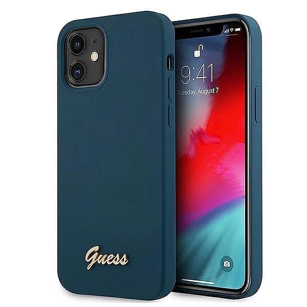 Etui Guess Metal Logo Script na iPhone 12 mini - niebieskie