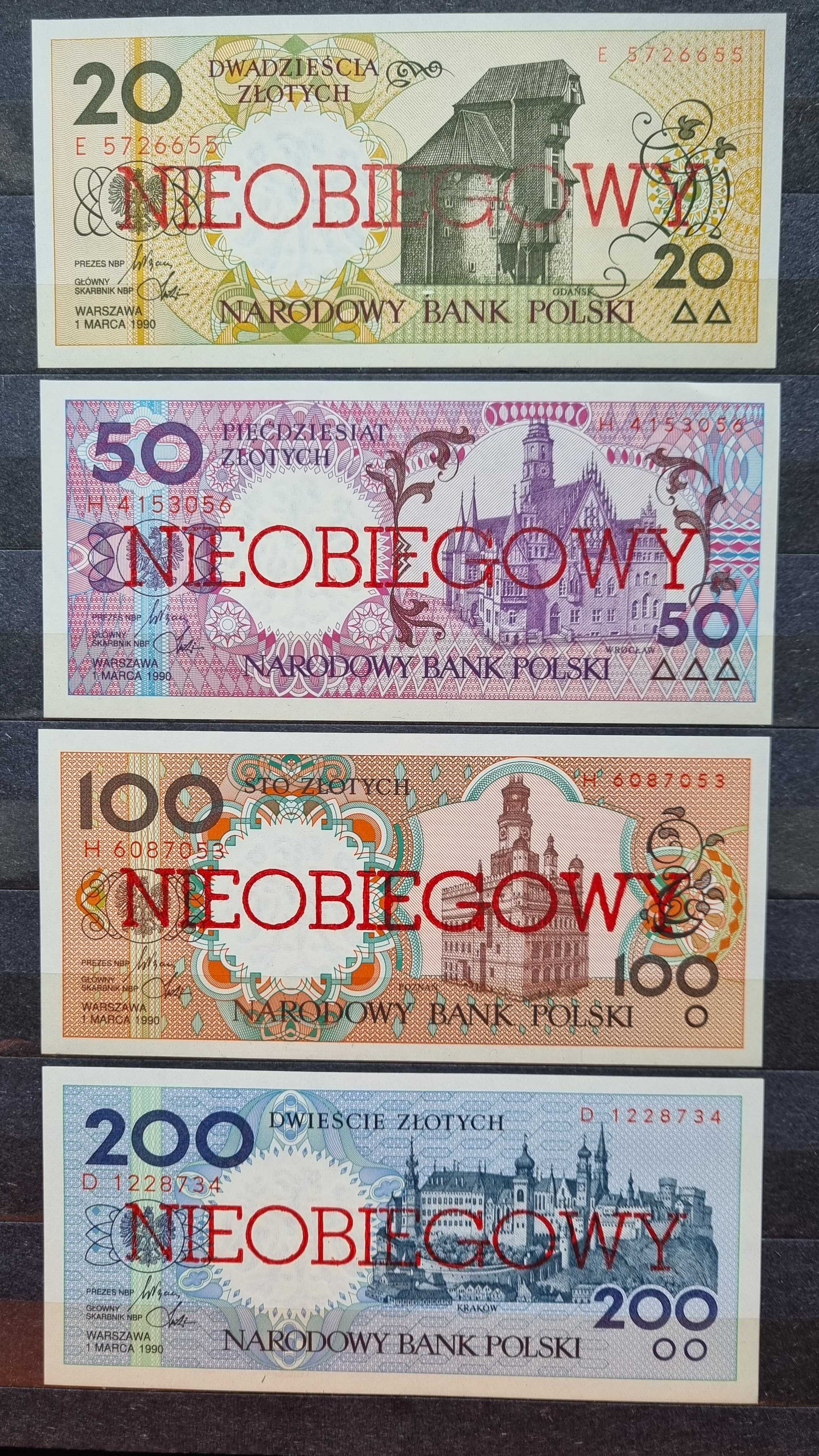 Zestaw banknotów NBP Miasta Polskie 1990 rok, NIEOBIEGOWY, 9 sztuk