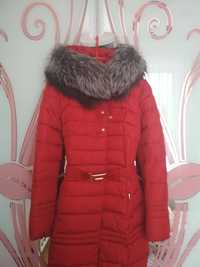 Куртка пуховик курточка довга натуральний мох червона