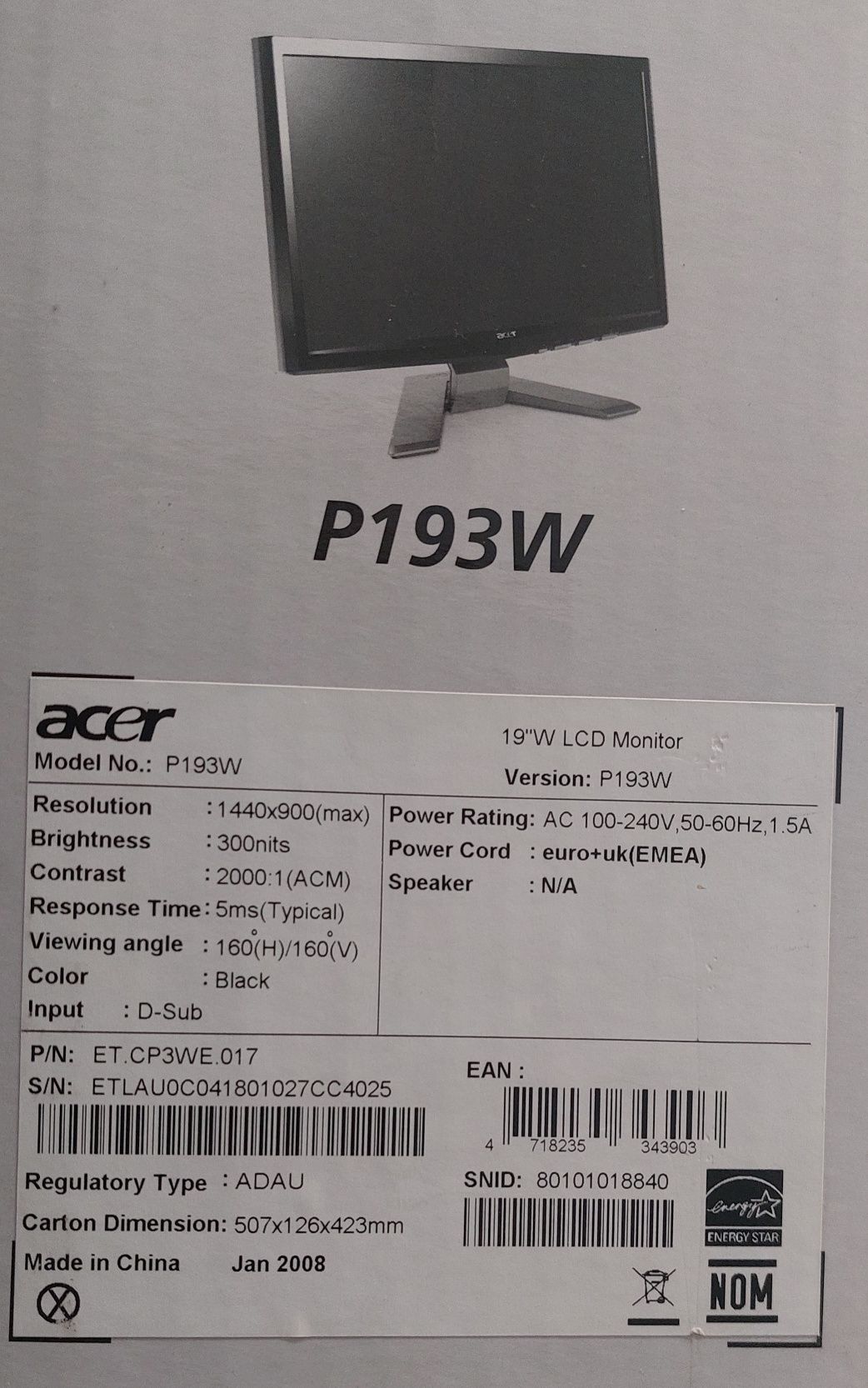Monitor P193W  - Acer