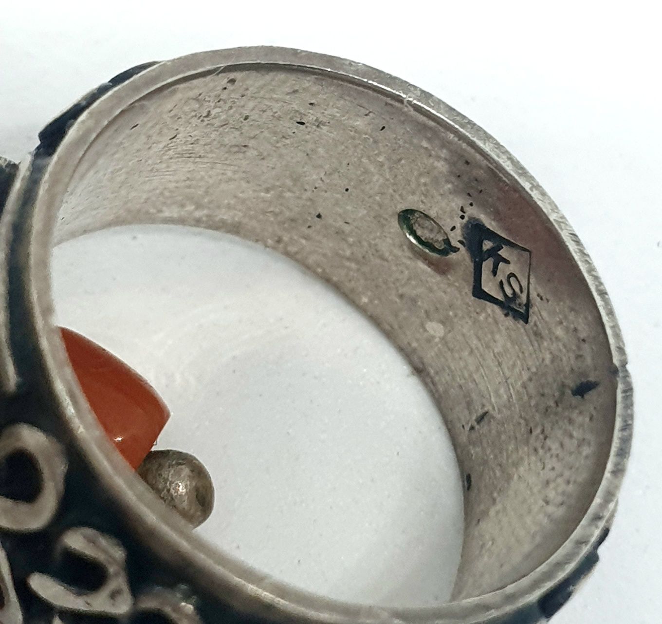 pierścionek srebrny z koralem, vintage, PRL