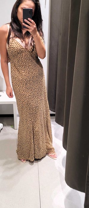 Długa brązowa sukienka Zara w kropki z kwiatem XS 34  odkryte plecy