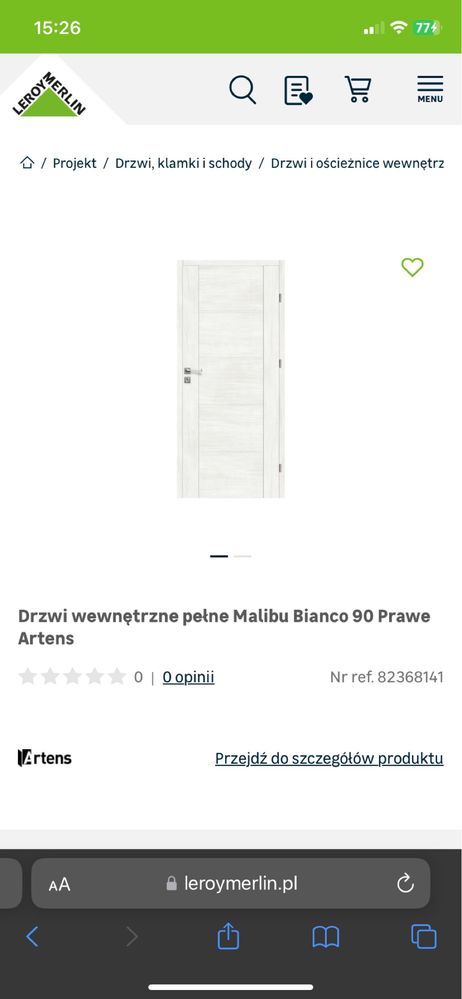 Drzwi wewnętrzne pełne Malibu Bianco 90 Prawe Artens