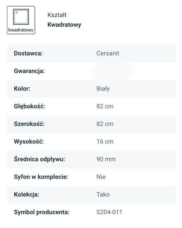 Brodzik prysznicowy Cersanit Tako 80x80x16cm.