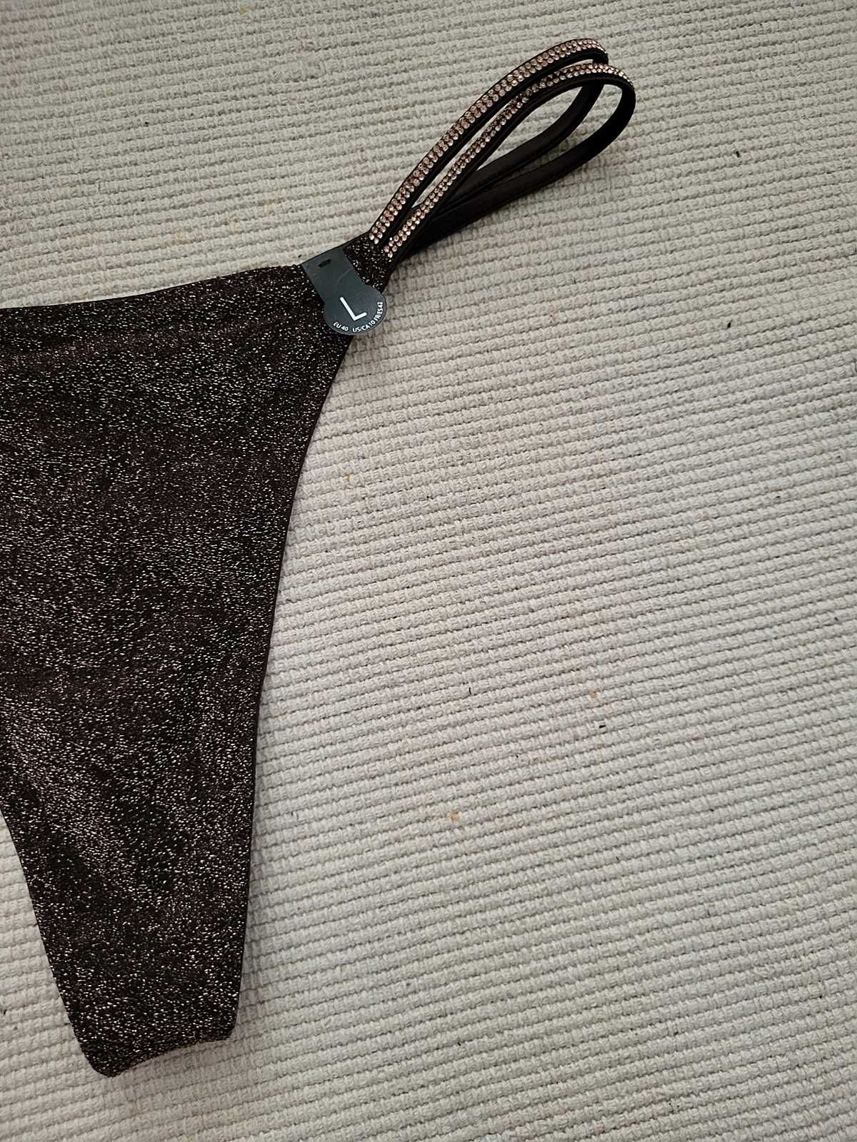 Nowe brokatowe majtki stringi brązowe błyszczące cyrkonie L 40