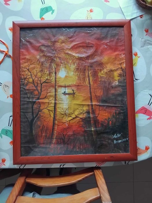Pintura com moldura de madeira e vidro, assinado