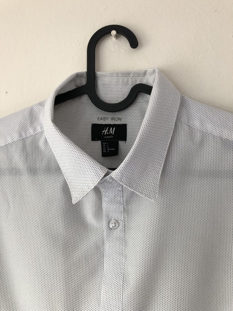 Koszula biała kropki H&M bdb L slim fit easy iron smart casual