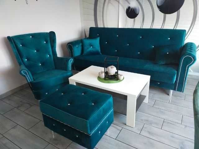 Kanapa Sofa Wersalka Komplet Glamour Kryształ USZAK puf pojemnikzestaw