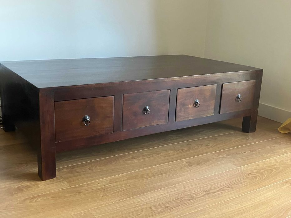 Mesa de café de mogno com 4 gavetas 135 x 35 cm altura 40 cm Cascais