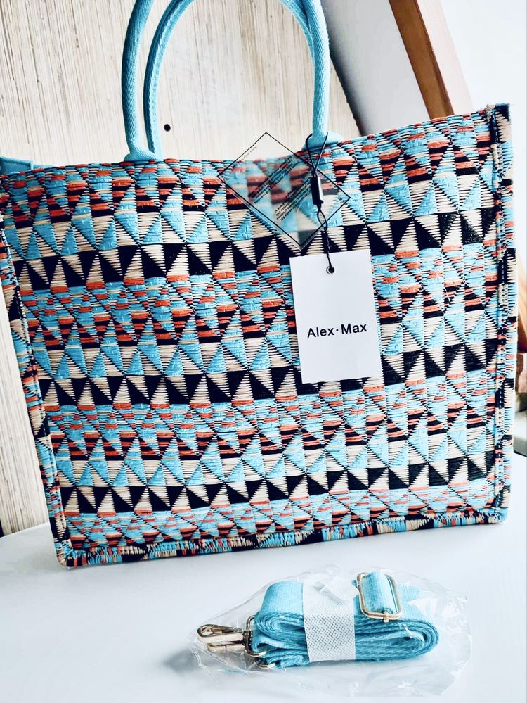 Torba shopper Alex Max niebieska nowa włoska jakość A4