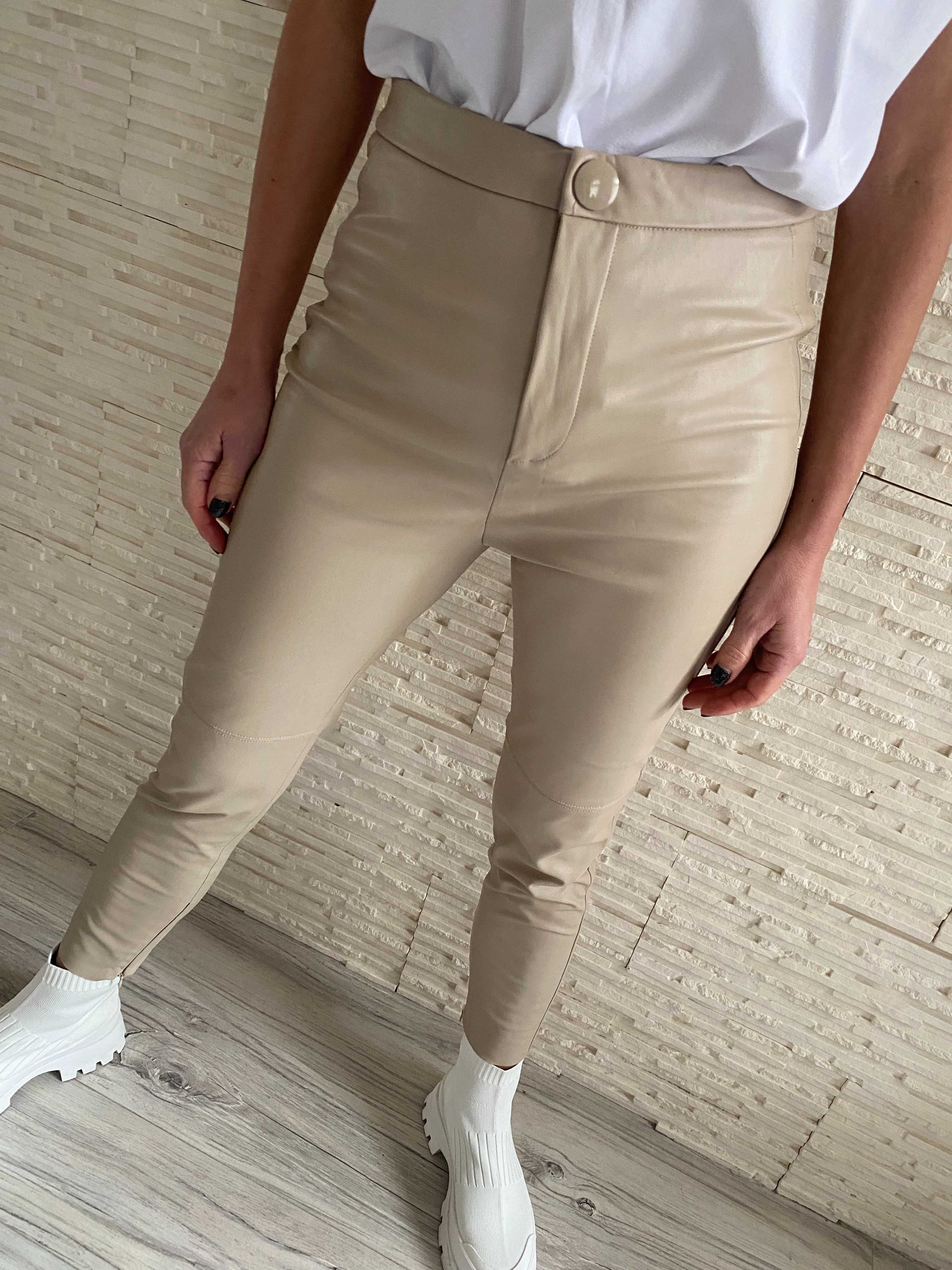 Zara nude spodnie skóra eko wyższy stan zamki M