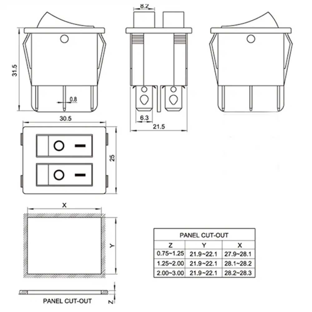 Переключатель двойной, кнопка KCD8-212N с подсветкой AC 250В 15А