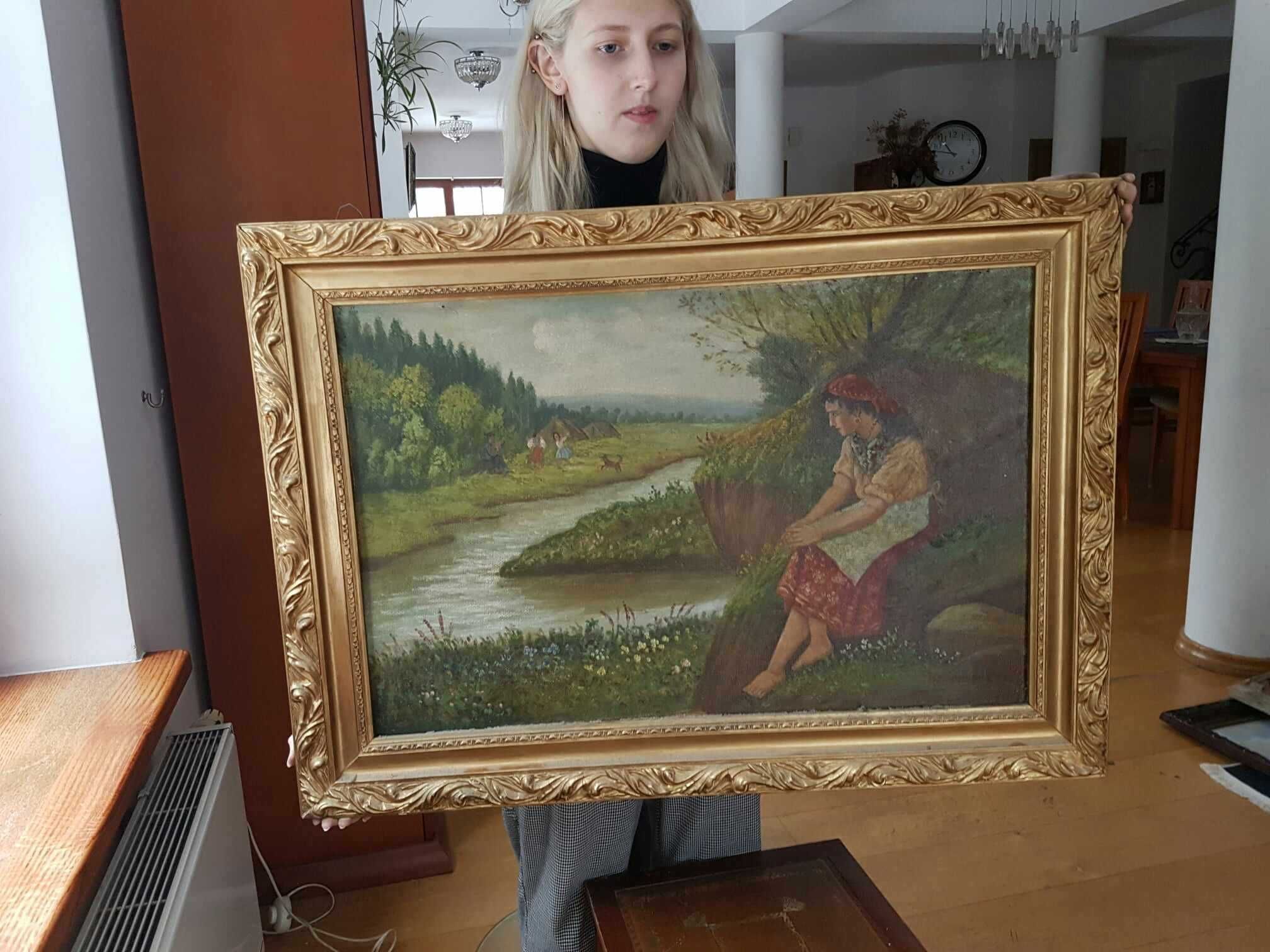 Obraz malowany "Dziewczyna w stroju ludowym Cyganka" złota rama  86x62