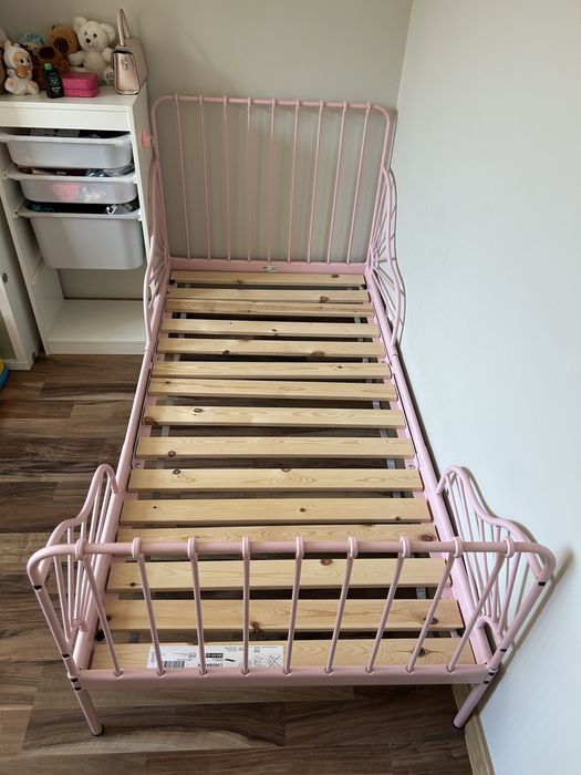 Łóżko dziecięce IKEA MINNEN różowe z materacem OMSINT + dno  LINDBADEN