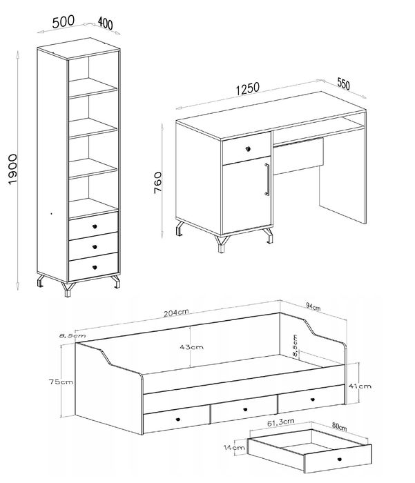 zestaw mebli młodzieżowych BIEL Połysk Regał Biurko łóżko 90x200 HIT