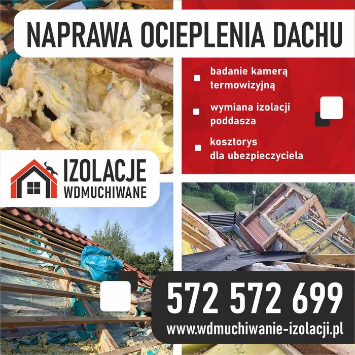 Naprawy dachów po kunach Naprawa dachu po KUNIE wdmuchiwanie celulozy