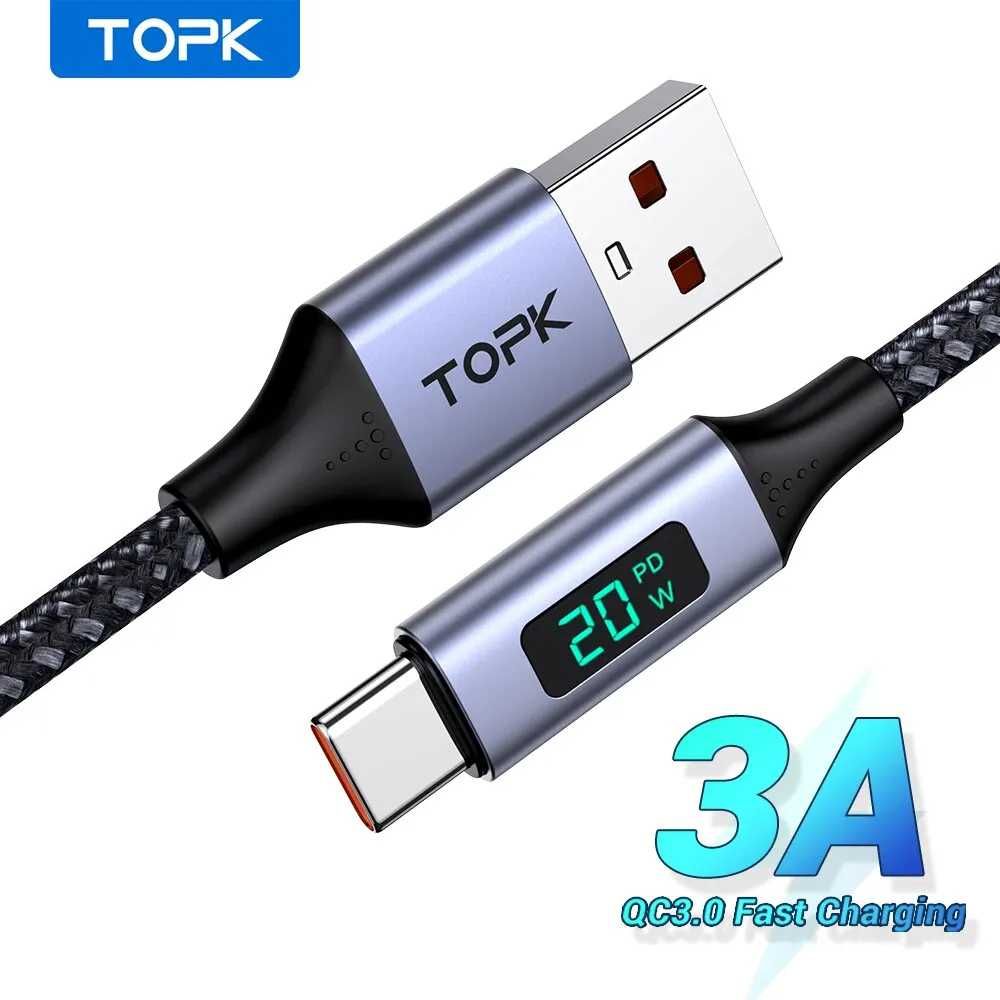 Kabel TOPK USB-A microUSB 3A z Cyfrowym Wyświetlaczem LED - Szary QC 1