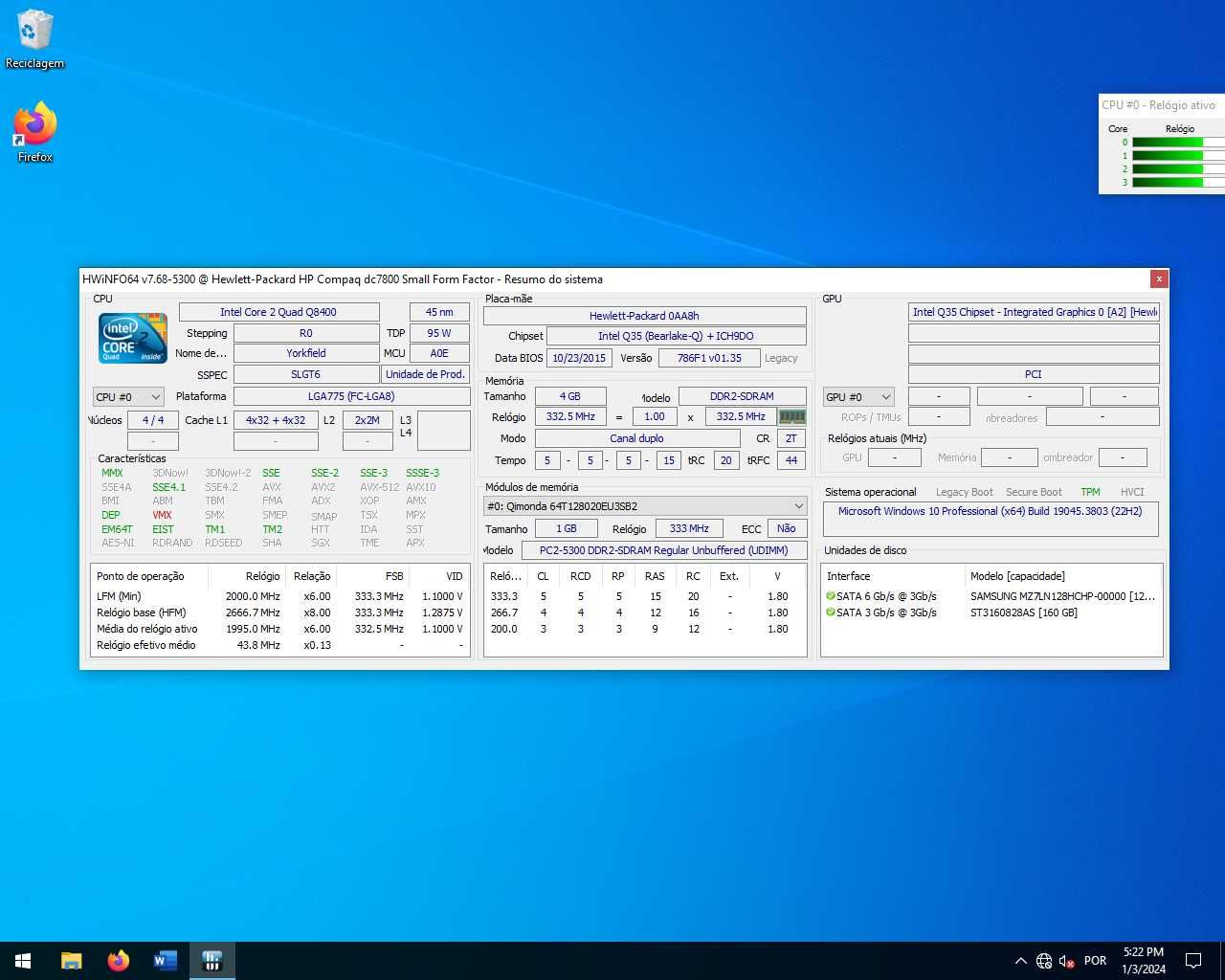 Computador / PC - HP Q8400 / 4Gb Ram / SSD / Monitor Rato e Teclado
