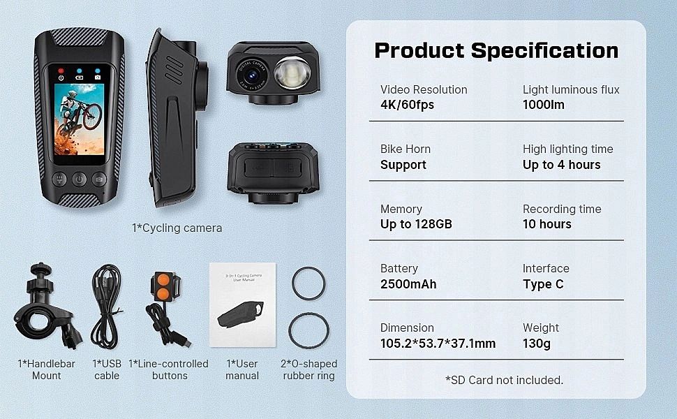 Kamera rowerowa motor 4K z EIS, Anti-Shake, ekran 2.0, pilot i karta 6