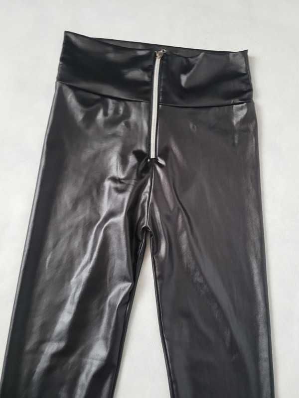 Czarne połyskujące legginsy z zamkiem casual M L 38 40 wysoki stan