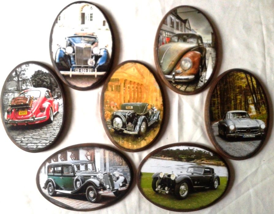 Серия картин на срезе дерева "Ретроавтопарк" декупаж ручная работа