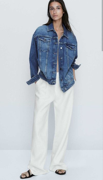 Massimo Dutti Spodnie lniane jogger z gumką w pasie 40L 38M białe