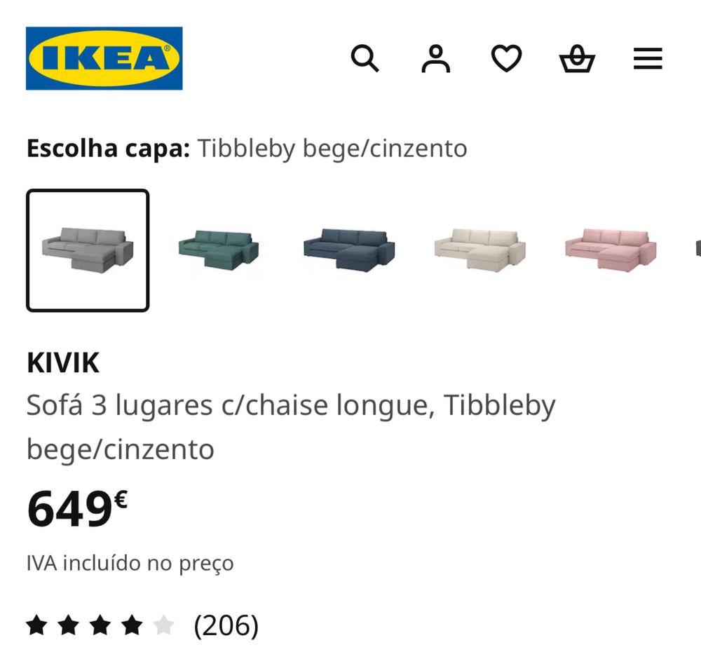 Sofa KIVIK 3 lugares e chaise longue - como novo