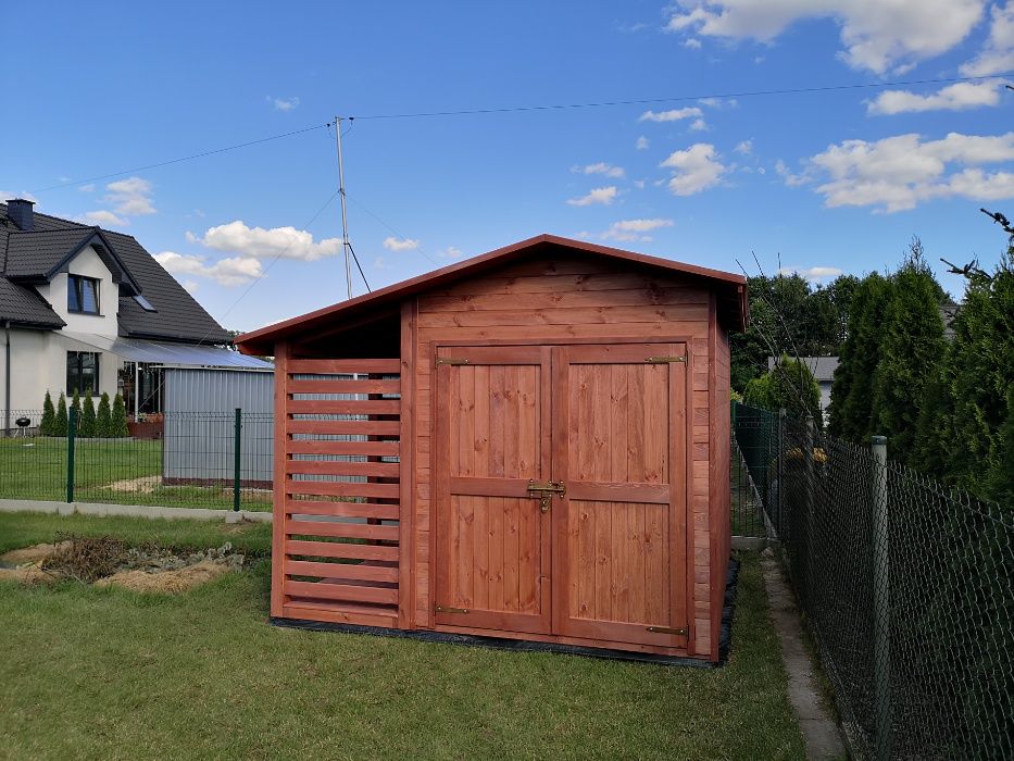 Domek narzędziowy 2 x 3m, podwójne drzwi + drewutnia 1,1 x 3m