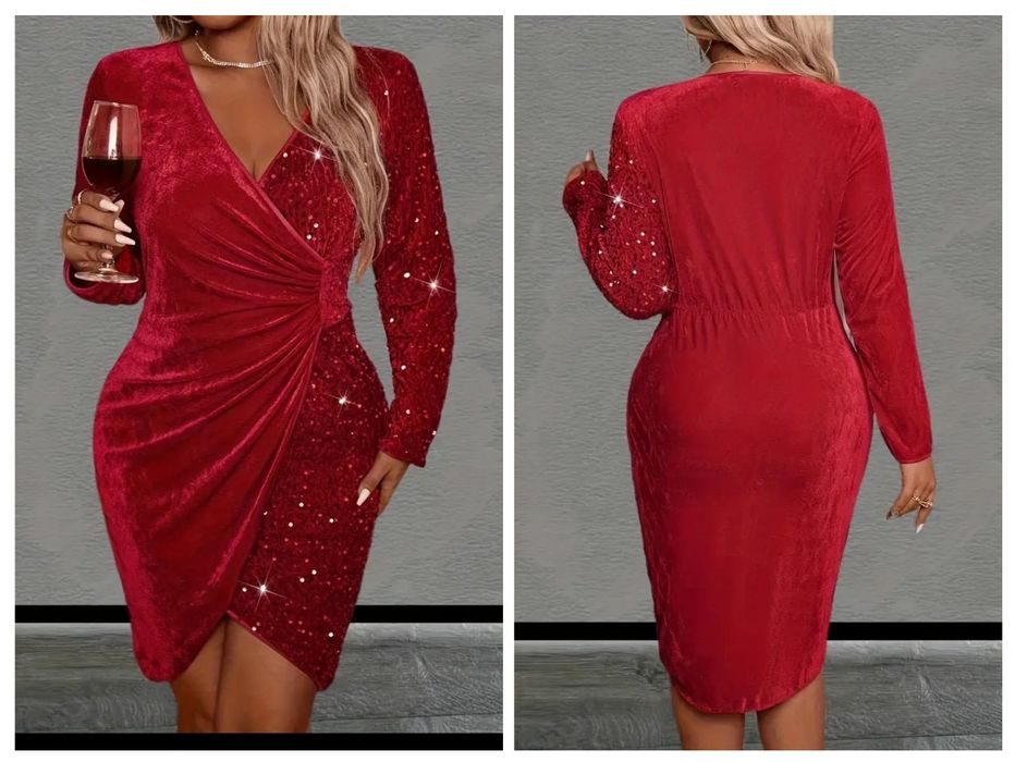 Czerwona welurkowa sukienka z cekinami r. 42-44, święta, Andrzejki