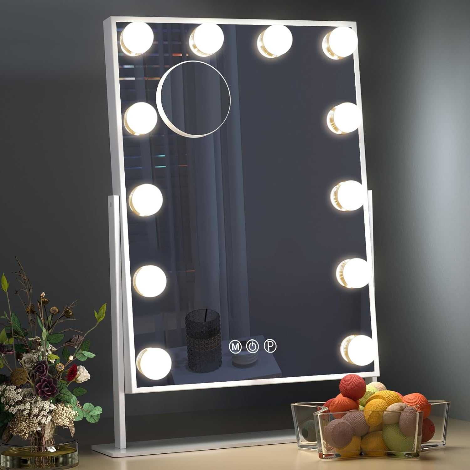 Hansong lustro makijażowe LED 30×30 cm 12 led 3 tryby 10× powiększenie