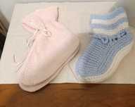 2 Pares Meias dormir Lã/ malha, feitas à mão c/ 4 agulhas Rosa e Azul
