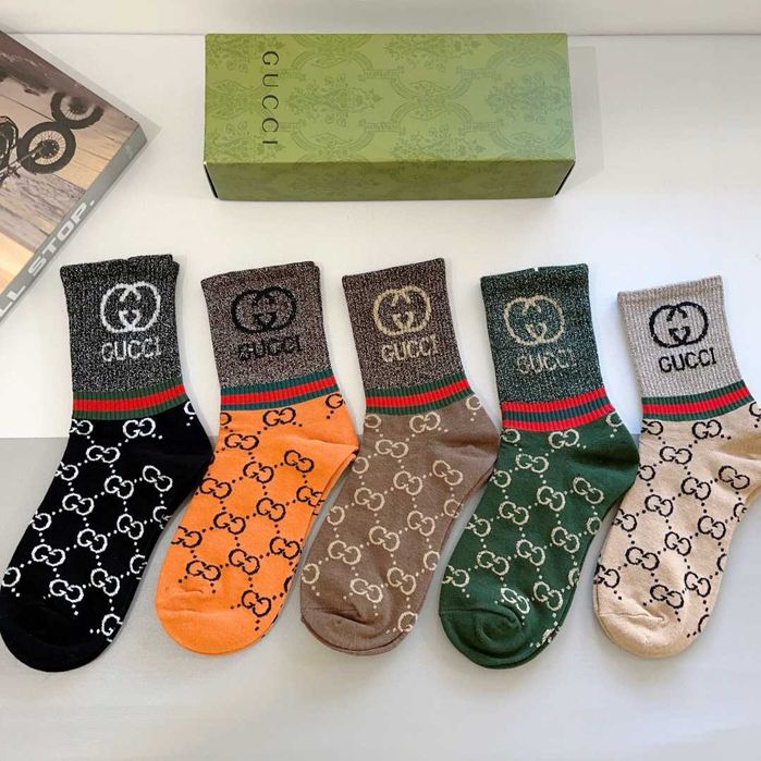 (5 pares) Meias compridas estilo novo Gucci tecido de algodão puro
