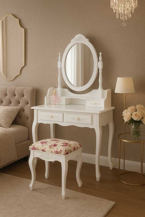 TOALETKA Kosmetyczna z Lustrem BIAŁA + Taboret MODEL RÓŻA 008
