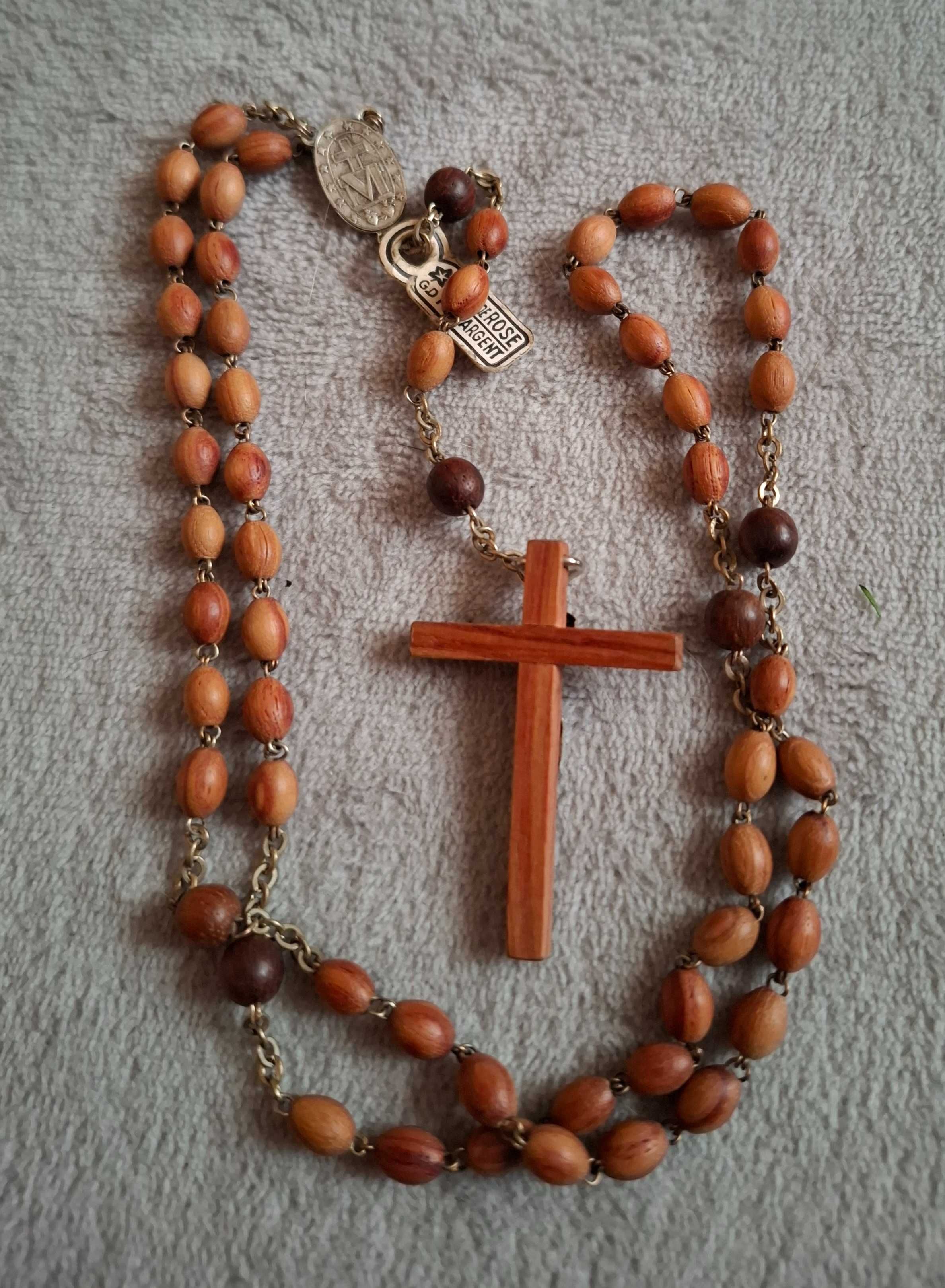 vintage różaniec z drewna różanego plater