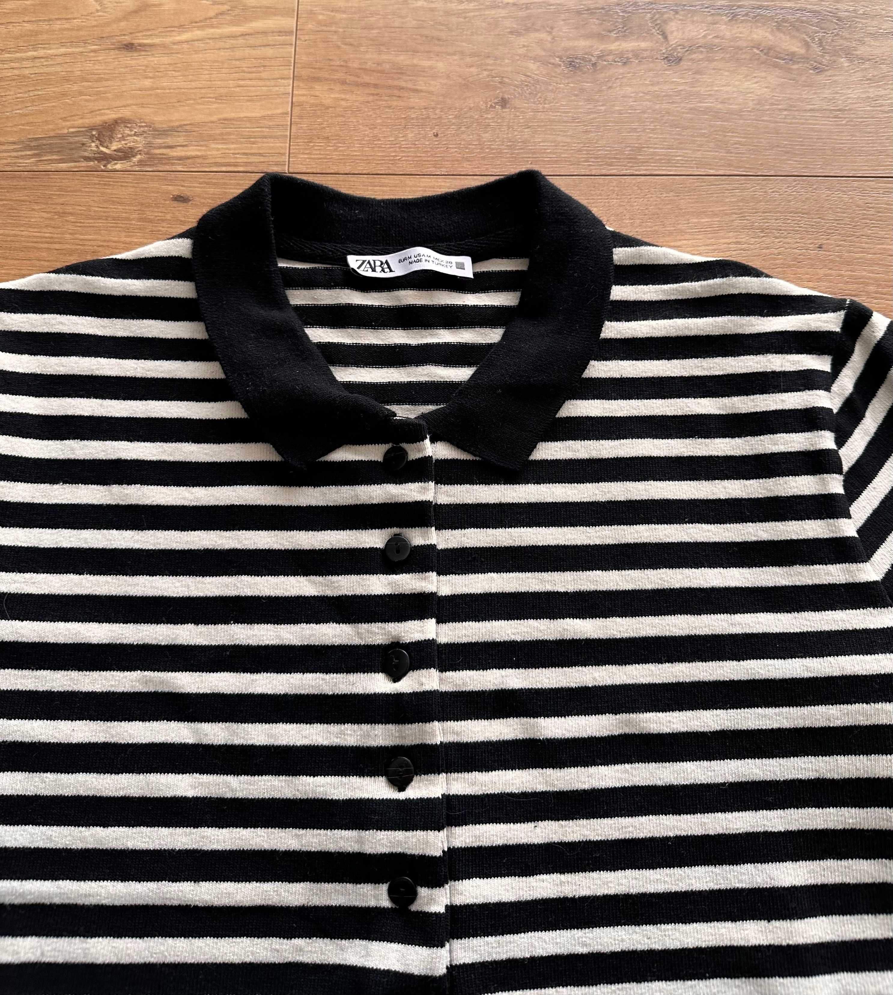 Zara koszulka polo bluzka paski prążkowana XS / S czarny ecru
