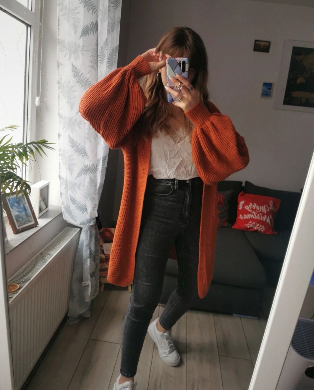 Jesienny sweter kardigan bufki bufiaste rękawy S 36 M 38 oversize