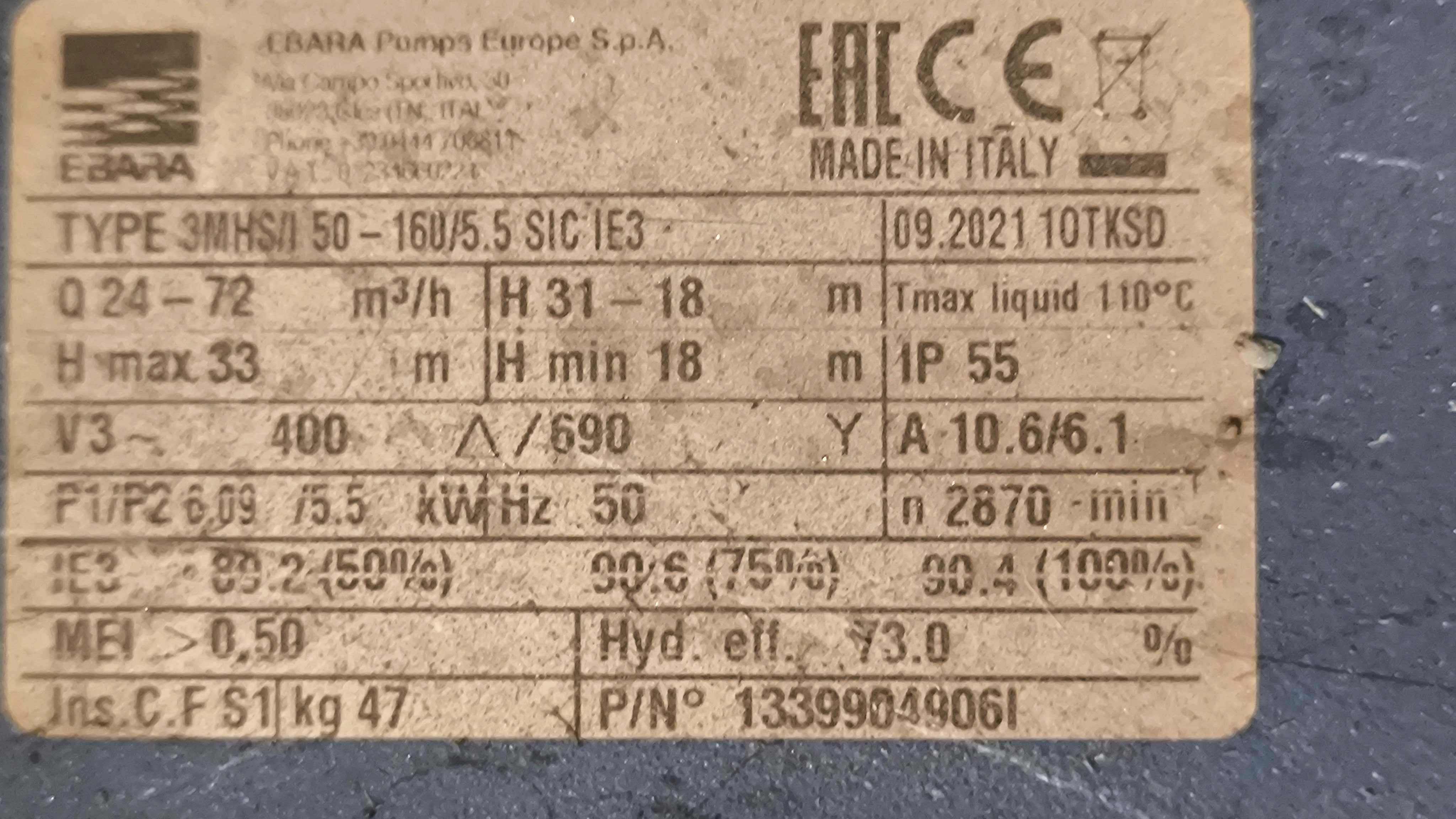 Pompa nierdzewna Ebara typ 3MHS/I 50 - 160/5.5 SIC IE3 - silnik 5,5kW