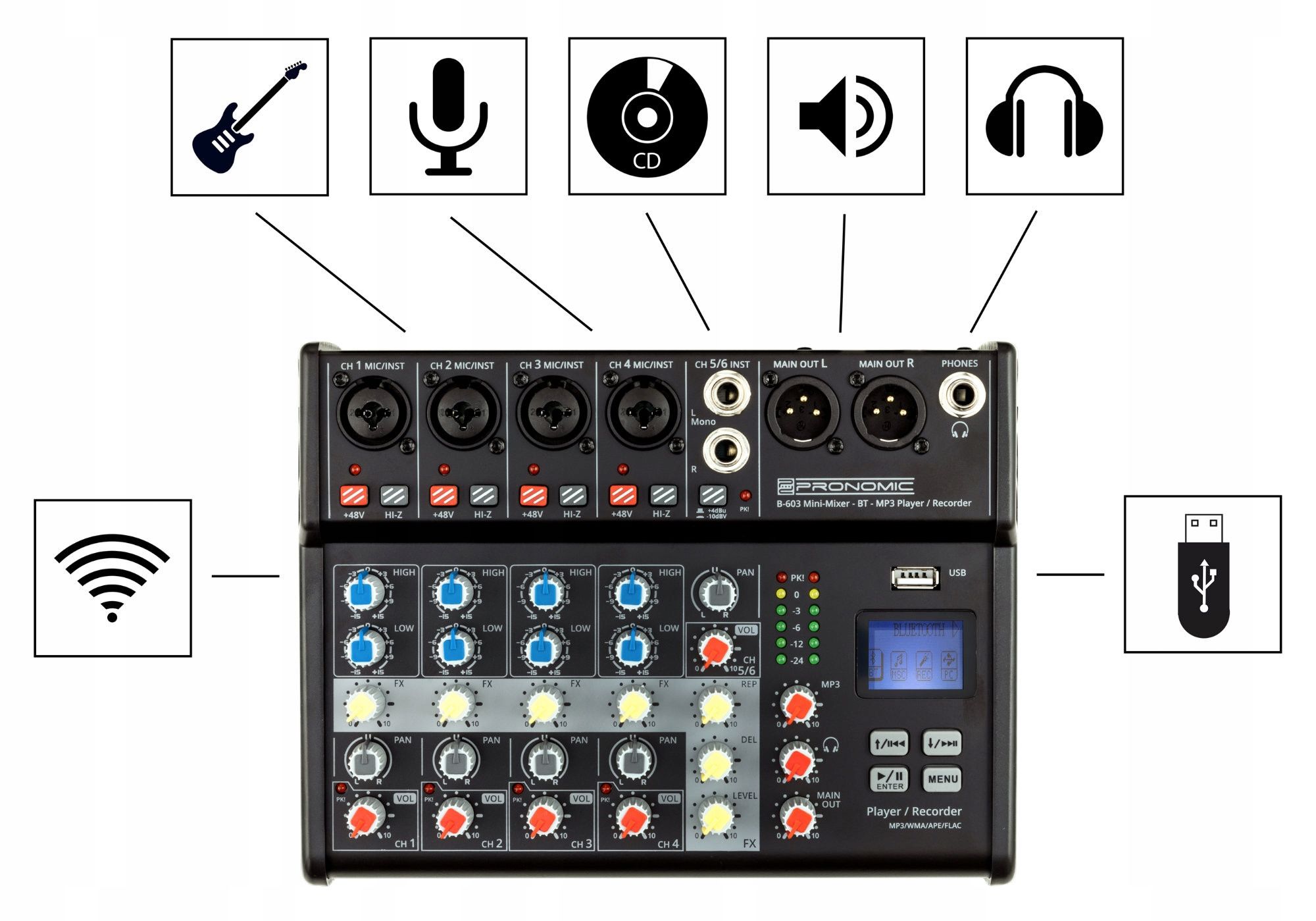 Mini Mikser Audio Pronomic B-603 Z Bluetooth Usb 6-Kanałowy Konsola Dj
