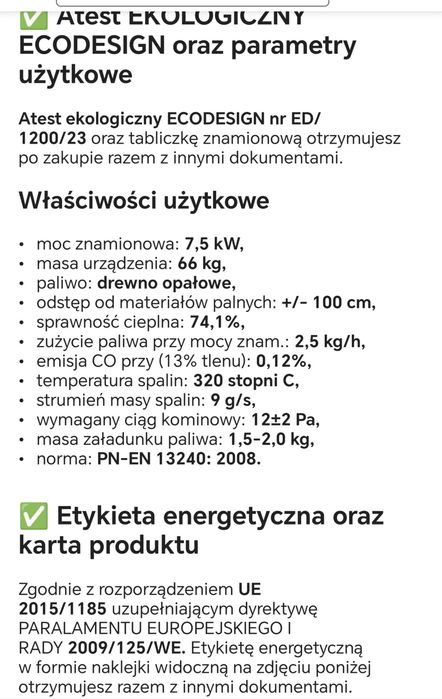 Piec koza piecyk szamotowy 17,5 cegieł stal 2 mm ATEST EKODESIGN EKOPR