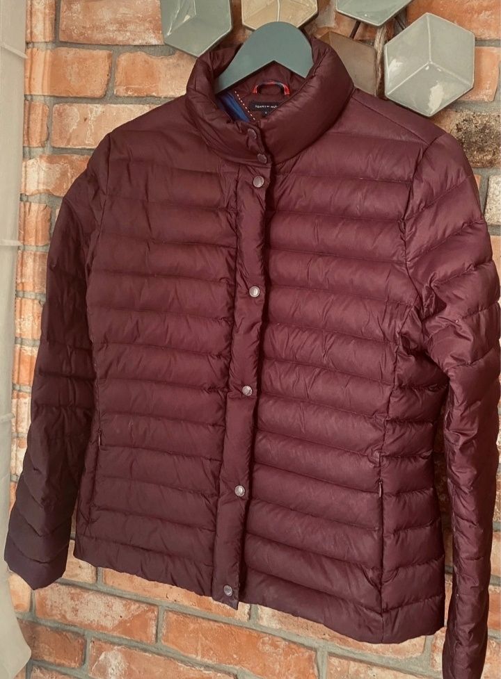 Puchowa kurtka Tommy Hilfiger L M burgundowa bordowa 40 38 dość krótka