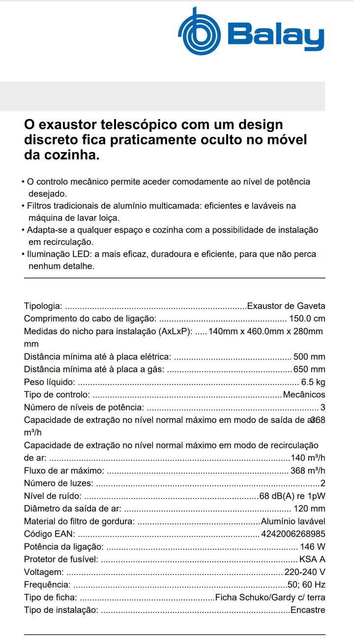 BALAY - Exaustor telescópico ENCASTRE - 368 m3/h - 60 cm