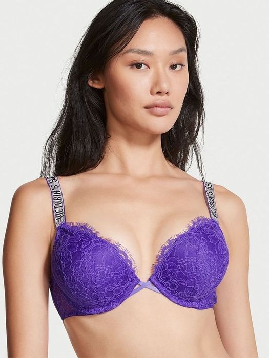 Фіолетовий мереживний бюстгальтер з пуш-ап зі стразами вікторія сикрет