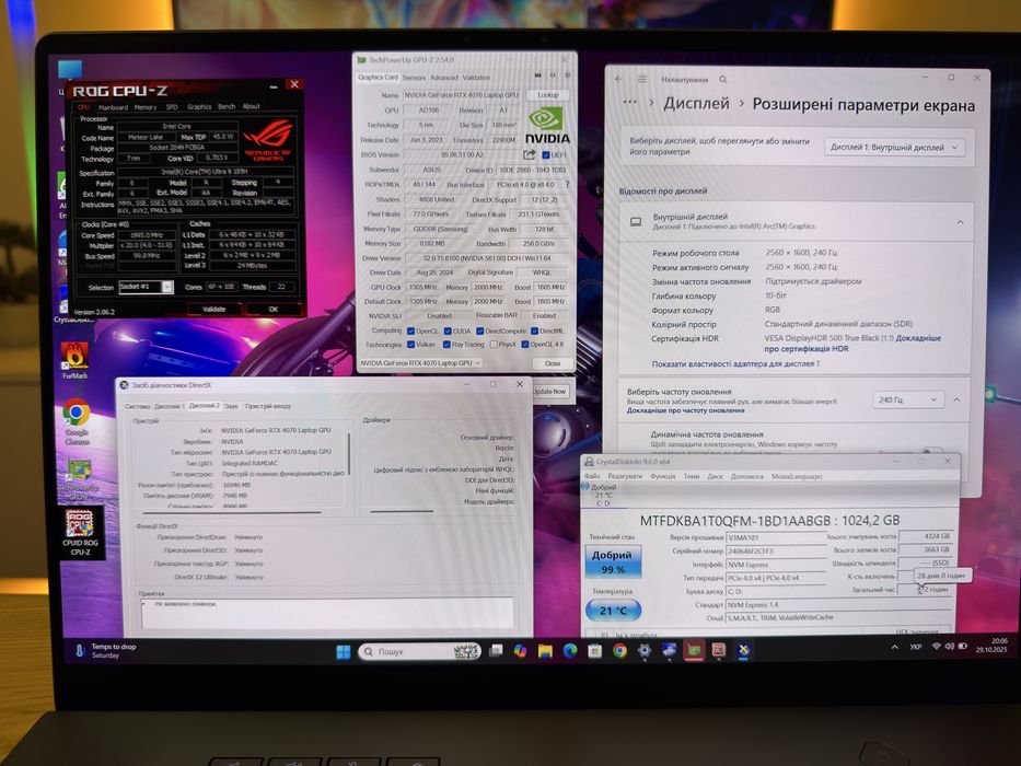 Asus rog zephyrus G16 OLED, rtx4070, ultra 9, 240hz