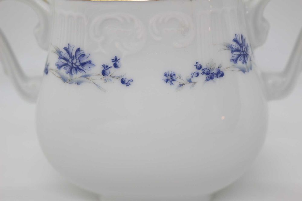 Açucareiro Moldado Flor Azul e Cinza Fio a Ouro Vista Alegre 1992