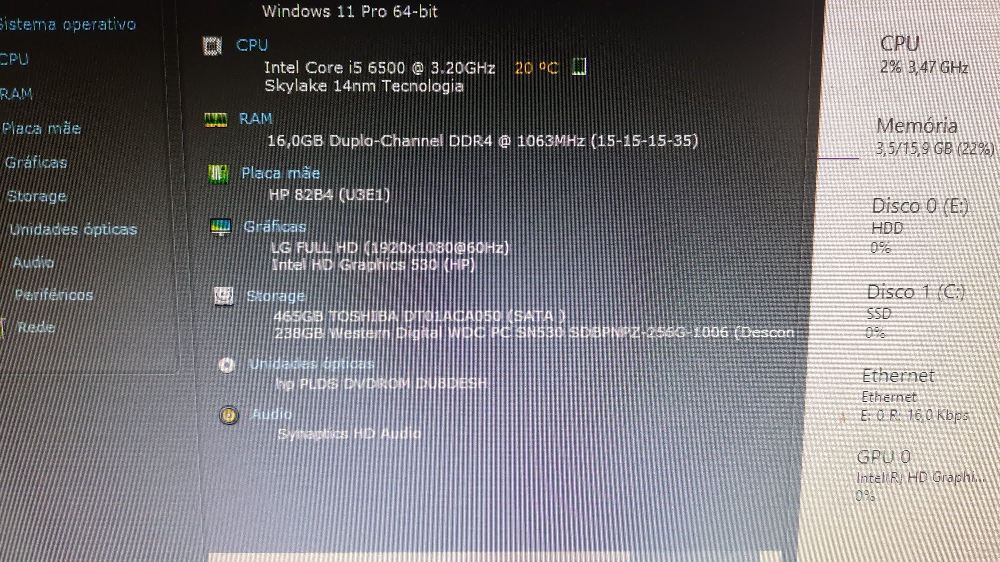Pç HP 600G3|i5.6500-3.2G|16G-DDr4|NVMe256G+HDD500G|VGA/DP|TPM2.0|W11