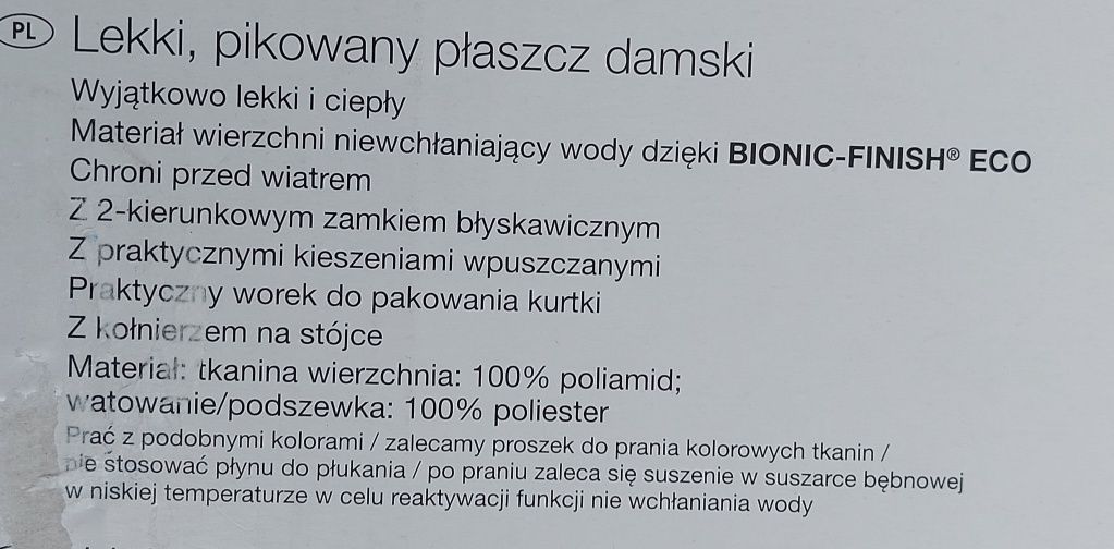 Nowy Lekki pikowany płaszcz damski Esmara M 42 przejściowy kurtka