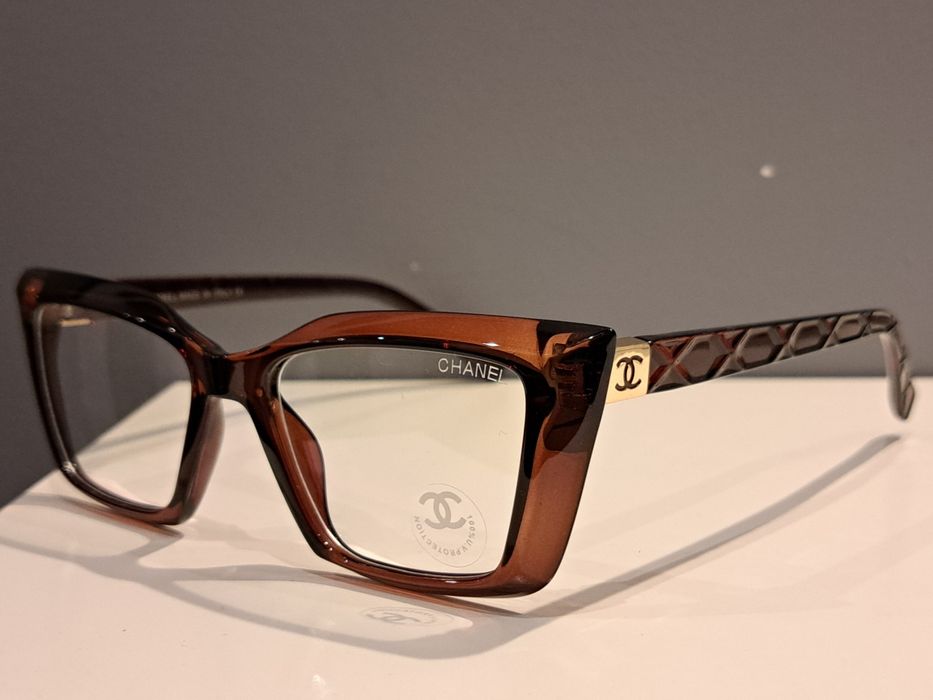 CHANEL damskie brązowe nowe okulary zerówki oprawki zlote logo