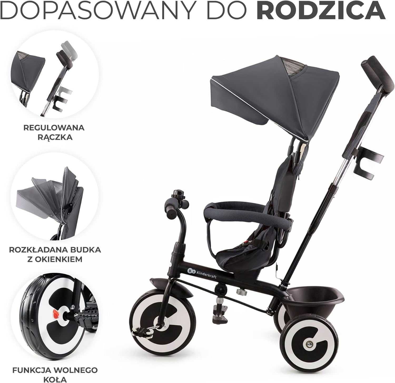 Rowerek trójkołowy z funkcja spacerówki Kinderkraft Aston Szary NOWY