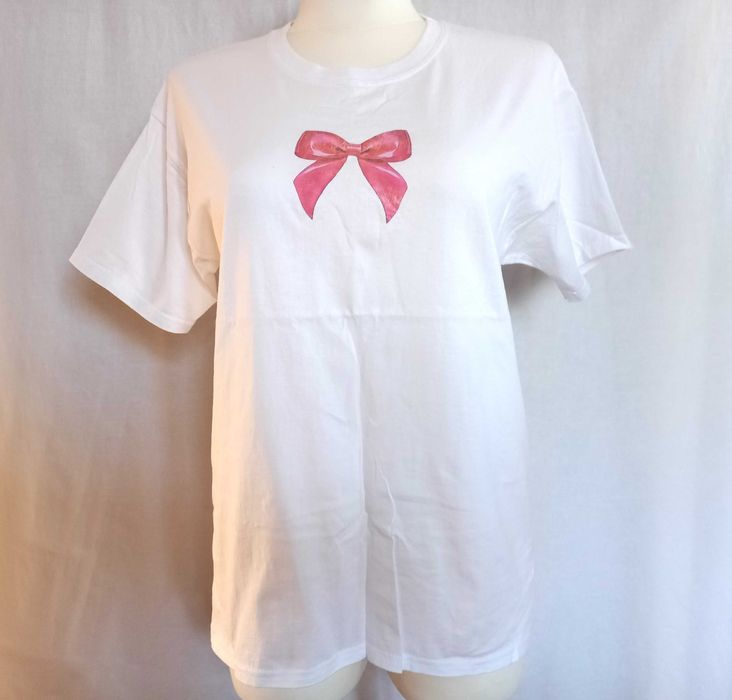 T-shirt biały Damski różowy Kokardka r. 38 NOWY